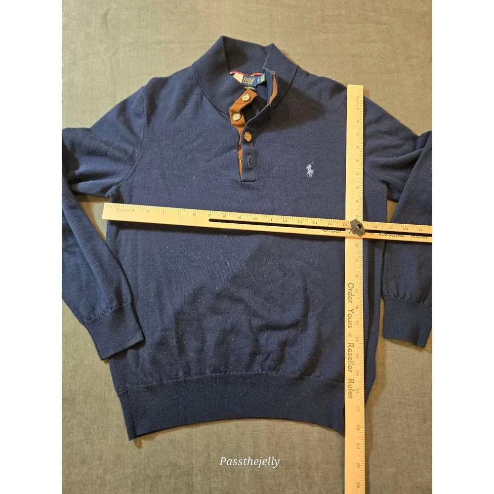 Vtg Polo Ralph Lauren Sweater Mens Small Blue Henley Mock Neck Merino Wool Pony